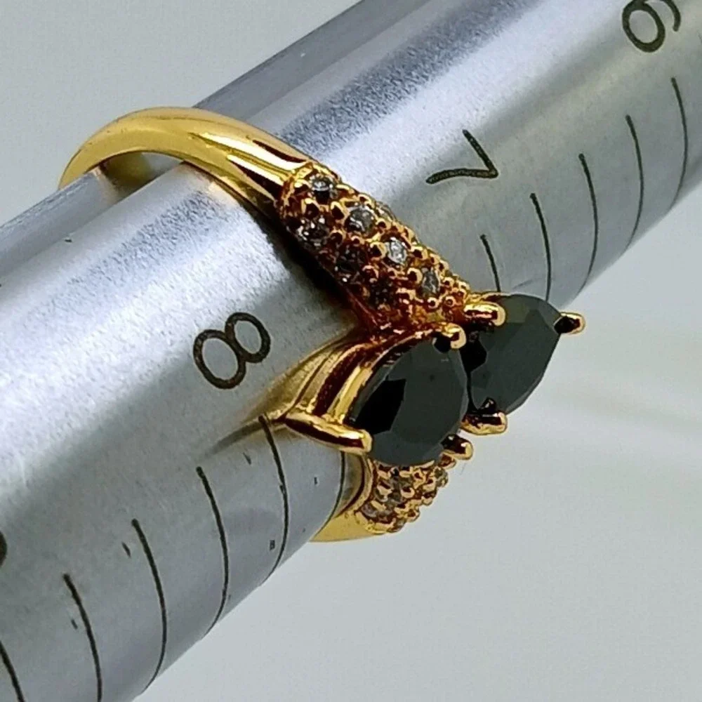 Vintage Gold Tone Bypass Black Pear Cut Pavé Sim Diamond CZ Accent Ring Size 7.5